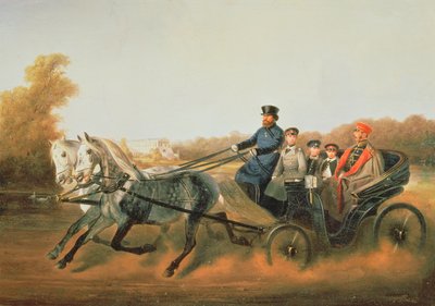 Tsar Alexander II Driving with His Sons in Zarskoje Selo, 1850s by Nikolai Egorevich Sverchkov